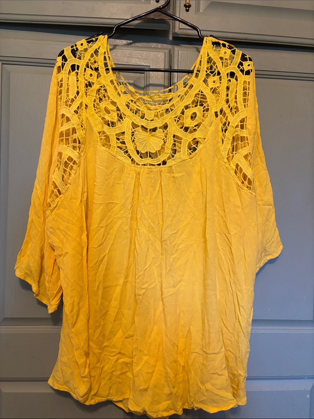 Roaman's Yellow Crochet Yoke Blouse